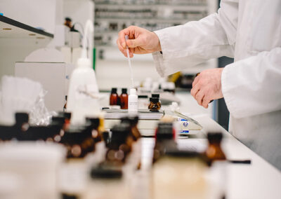View of a lab table with lots of sample bottles
